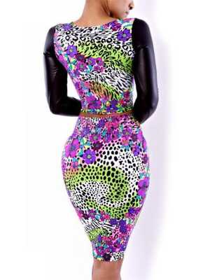 Tropical Floral Print Leather Like Sleeves Zipper Crop Top + Pencil Skirt Bandage Bodycon Curvning