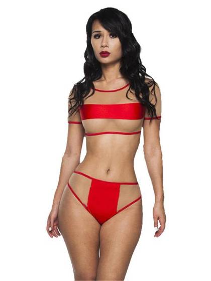 Women Red Sheer Mesh Paneled Short Sleeve Crop Top Bikini Set Swimwear Bathing Suit