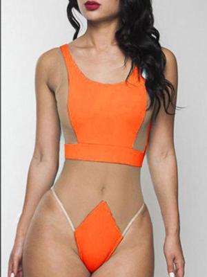 Women Orange Color Block Backless One Piece Swimsuit Brazilian Monokini swimwear