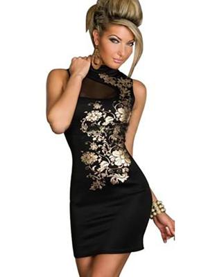 Elegant High Neck Black Strechy Little Dress Vintage Clubwear Ball Party