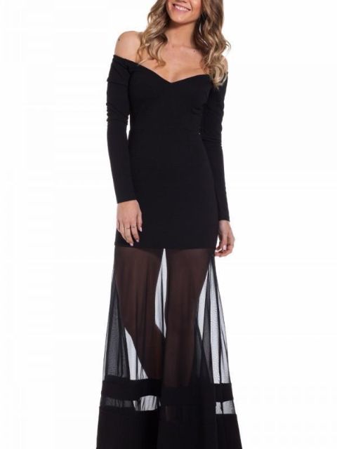2015 Women Fashion Sexy Black Off The Shoulder Long Sleeve Mesh Panel Maxi Dress For Cocktail/Party/Evening