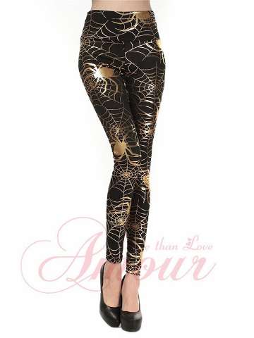 Trendy Gothic Punk Gold/Silver Metallic Spider Print Sexy Leggings Pants Tights