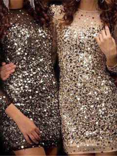 Sexy lady's Long Sleeve Black Shiny Sequins Mesh Dress Evening Gown Party S M L