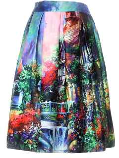 Women Fashion Sweet Multicolor Painting Print High Waist A-line Knee-high Midi Princess Skirt