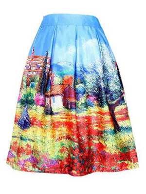 Women Fashion Sweet Multicolor Painting Scenery Print Pleated High Waist A-line Knee-high Midi Princess Skirt