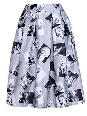Women Fashion Sweet 3D Marilyn Monroe Print Pleated High Waist A-line Knee-high Midi Princess Skirt