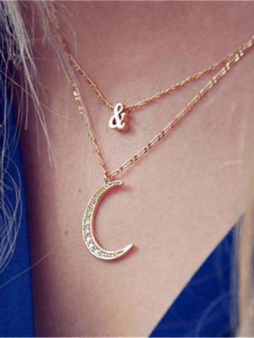 Women Golden Crystal Rhinestone Moon Pandent Necklace Wedding Necklace