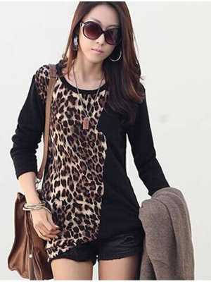 Leopard Round Neck Long-sleeved Shirt And Long Sections Bottoming Long-sleeved Mini Dress