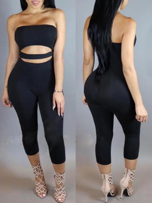 Women Sexy Strapless Cut Out Solid Color Bodycon Jumpsuits Slim Playsuit Skinny Bodysuit