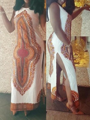 Women's Vintage Totem Print Maxi Dress Side Split Sleeveless Casual Dress Beach Holiday Dress