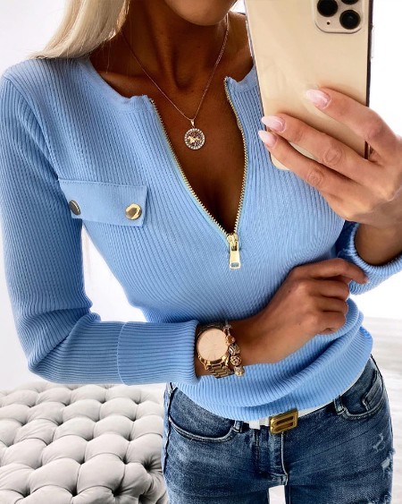 Crewneck Half Zipper Design Long Sleeve Knit Sweater Casual Pullover Tops