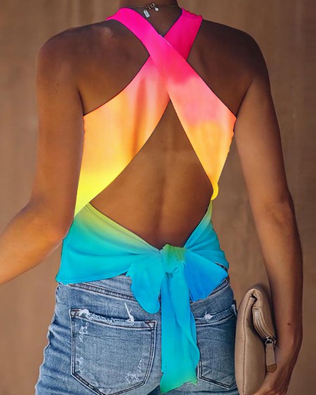 Gradient Color Criss Cross Backless Knotted Top