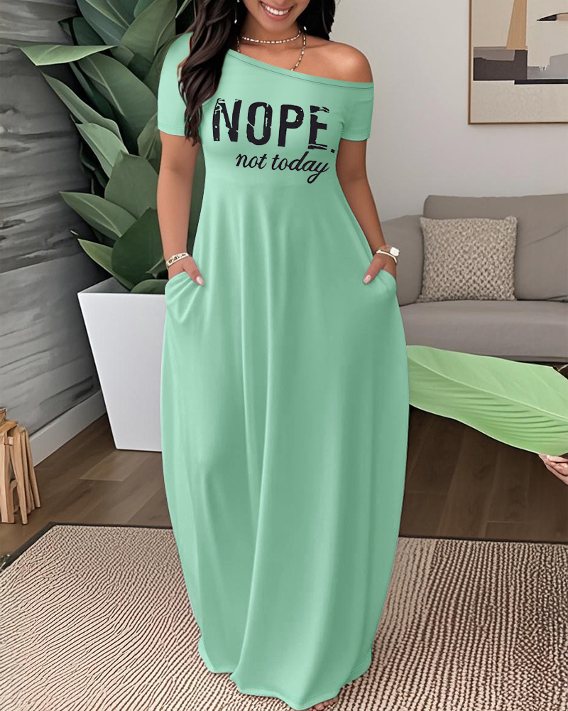 Letter Print Skew Neck Short Sleeve Elegant Maxi Dress with Pocket
