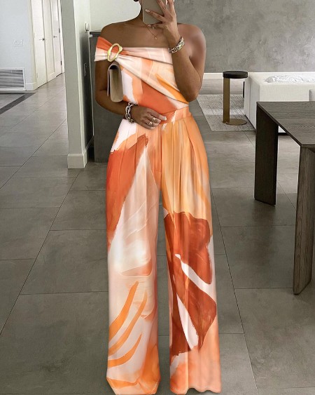 Metal Ring Decor All Over Print One Shoulder Ruched Overalls Casual Pleated Front Wide Leg Jumpsuit