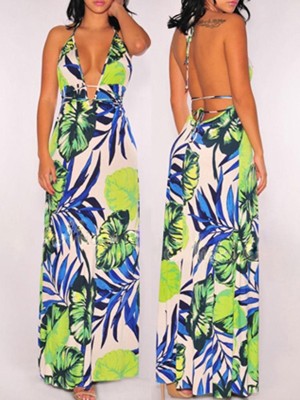 Woman' s Fashion Summer Boho Style Deep V-Neck Backless Maxi Dress Sleeveless Cassual Beachwear Halter Dress