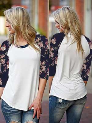Plus Size Autumn New T Shirts Pullover Three Quarter Length Sleeve Print Tops & T-Shirts Blouse