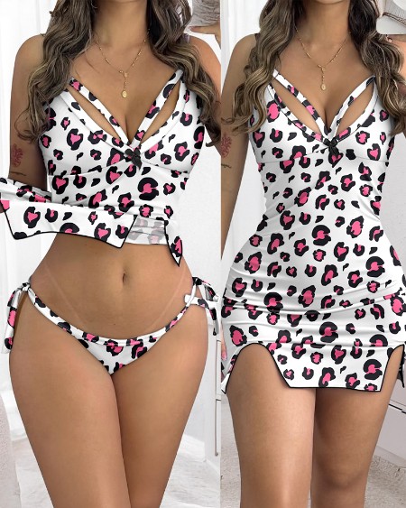 Leopard Print Spaghetti Strap V Neck Babydoll Sexy Slit Sleepwear with Panty