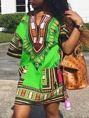 Hot Fashion Totem Tribal Dress Multicolor Print Casual Dress Short Sleeve Vintage Dress