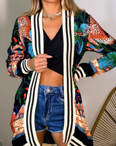 Long Sleeve Striped Cheetah Graphic Print Casual Coat