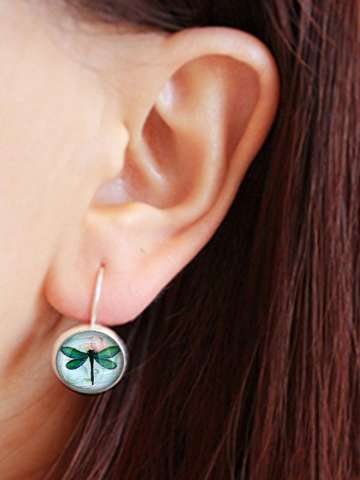 1pair Dragonfly Earring Silver Plated French Lever Back Glass Cabochon Copper Earring For Women 16X28mm Retail And Wholesale