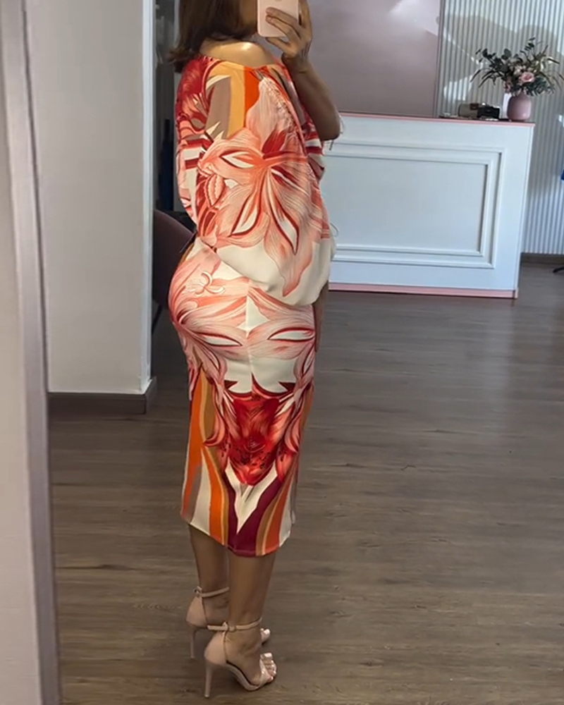 2 Pieces Outfit Floral Print Off Shoulder Side Drawstring Crop Top and Casual High Waist Bodycon Slit Skirt Set