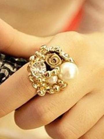 Women's New Korean Fashion Sweet Gold Rose Floral Elegant Pearl Rings