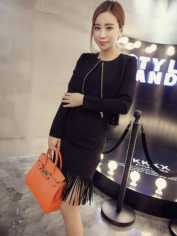 Women's Fashion Dress Suit Sets Elegant Fringed Tassels Attached Dress+ Long Sleeve Short Coat