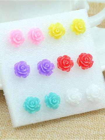 Korean Hot Sell Mixed Lots Colorful Cute Small Resin Rose Flower Stud Earrings