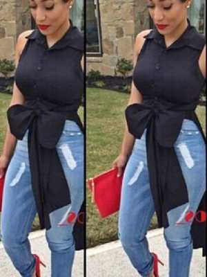 Women's Summer Fall Blouse Irrrgular Sleeveless Big Bow Shirt Long Style