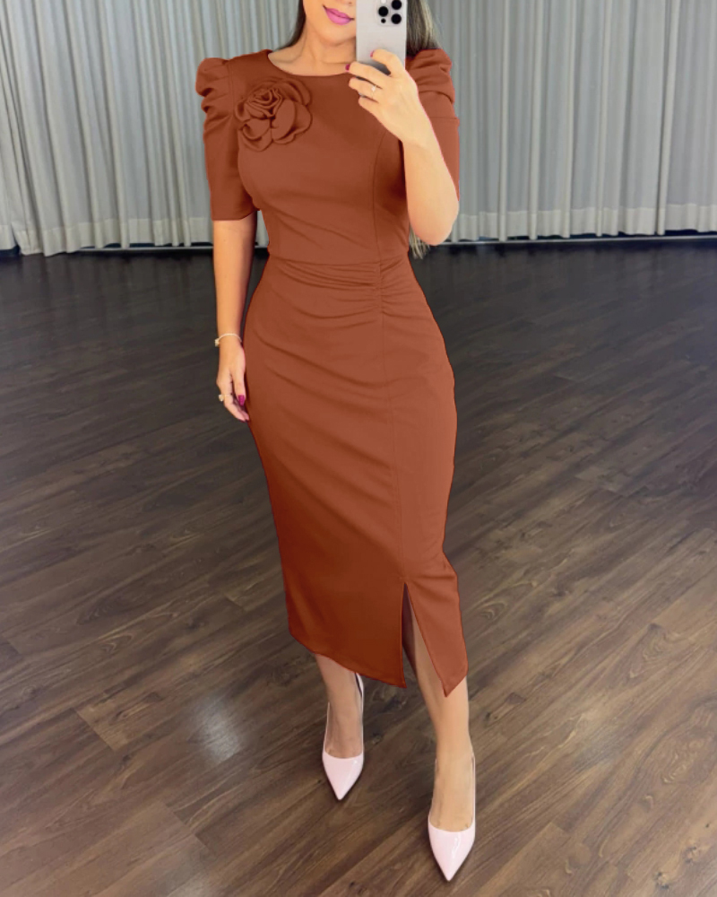 Round Neck Puff Sleeve 3D Flower Decor Bodycon Dress Casual Ruched Slit Mid-Calf Dress
