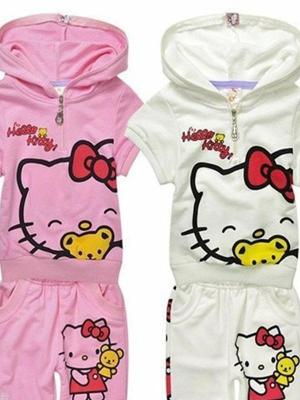 Baby Girls Children Kids New Fashion Cartoon Hello Kitty Short Sleeve Hoody Pant Suit Set