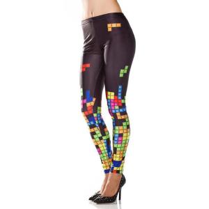 Women's Slim Fit Digital Cube Print High Waist Leggings Pencil Pants (Black)