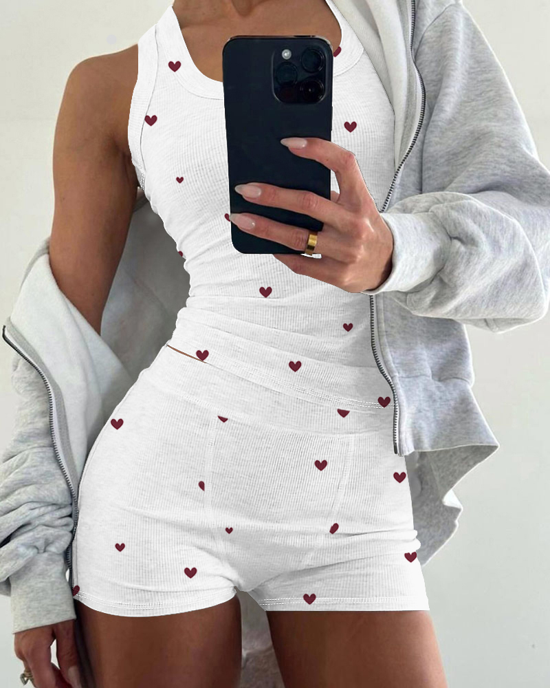 2 Pieces Pajamas Set Heart Pattern U Neck Sleeveless Tank and Casual Strechy Waist Shorts Set