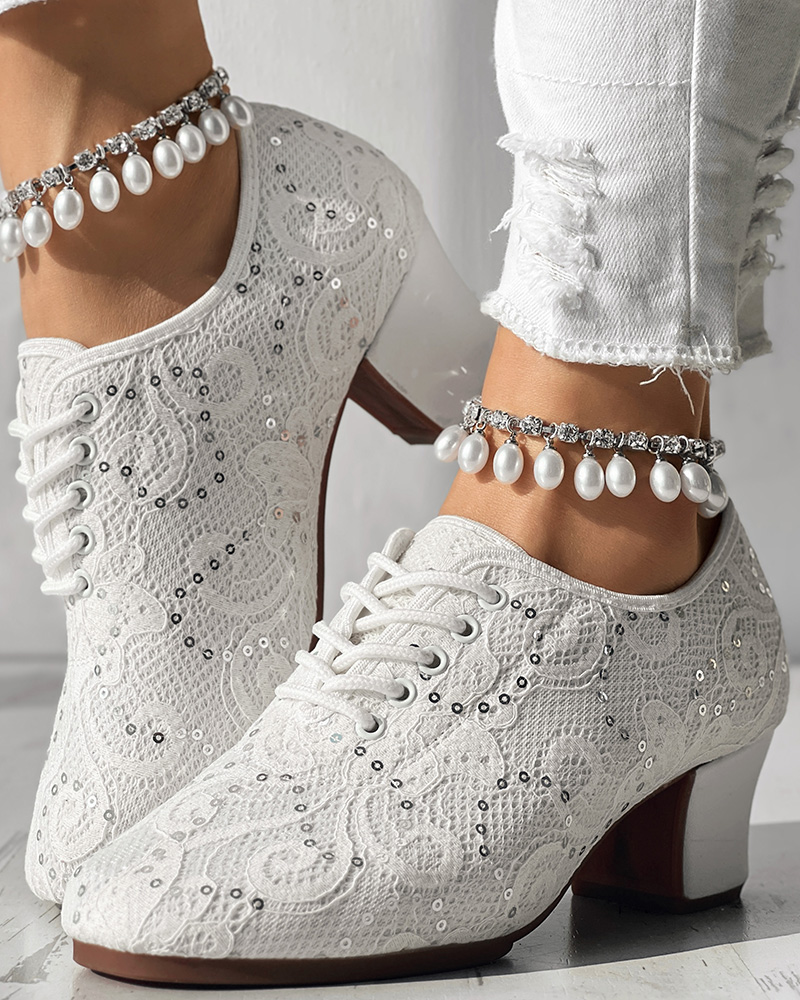Closed Toe Lace-Up Latin Dance Heels Hollow Out Low Heel Dance Shoes
