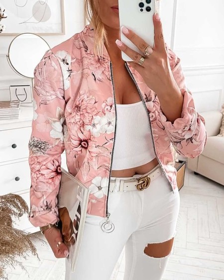 Floral Print Zip Up Bomber Jacket