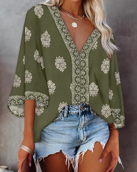 Floral Placement Print Deep V Neck Three Quarters Sleeve Blouse Casual Asymmetrical Hem Loose Fit Top
