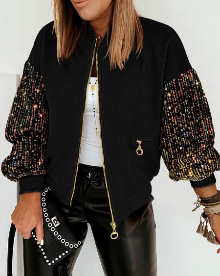 Contrast Sequin Jacket Casual Long Sleeve Zipper Design Sparkly Coat With Pockets