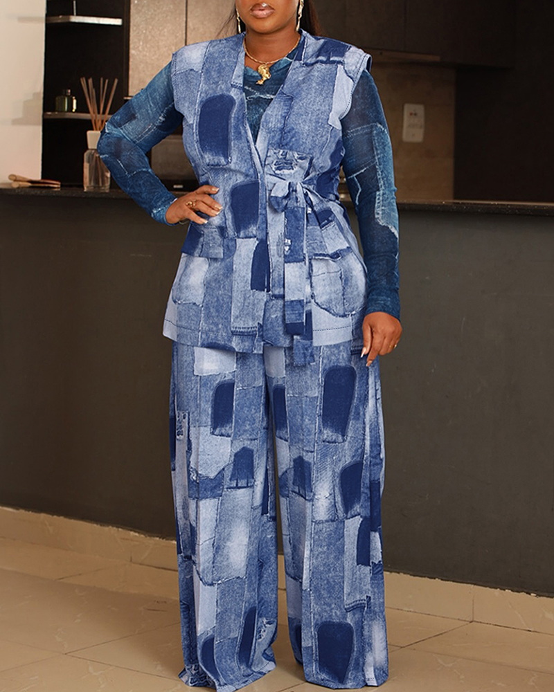 3 Pieces Outfit Geometric Print Faux Denim Tied Detail Vest with Sheer Mesh Long Sleeve Shirt and Casual Wide Leg Pants Set