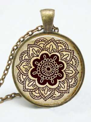 Fashion Women's Retro Glass Cabochon Art Antique Bronze Carving Lotus Chain  Necklace Jewelry