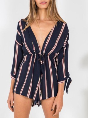 Women' s Elegant Sexy Deep V High Waist Casual Jumpsuit Three Quarter Sleeve Loose Bandeau Playsuit Rompers