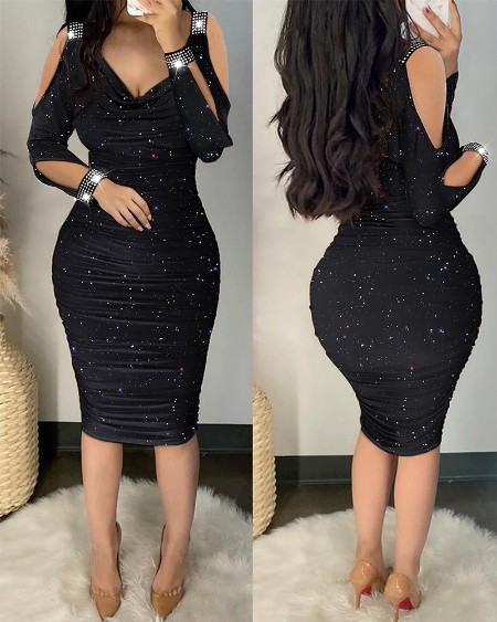 Rhinestone Decor Cowl Neck Cold Shoulder Bodycon Dress Glitter Hollow-out Long Sleeve Ruched Party Dress
