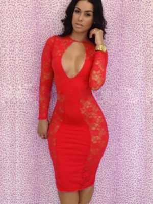 5 Color Red/Blue/Pink Black/Blue Deep-V High Neck Long Sleeve Lace Dress Ball Party
