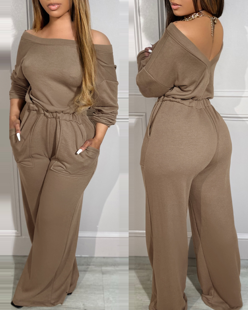 Off Shoulder V-Back Elastic Waist Pockets Design Jumpsuit Casual Drop Shoulder Cinched Waist Wide Leg Jumpsuit