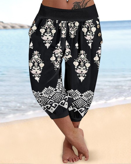 Plus Size Floral Print Ribbed Strechy Waist Capris Pants Casual Button Decor High Waist Cuffed Pants