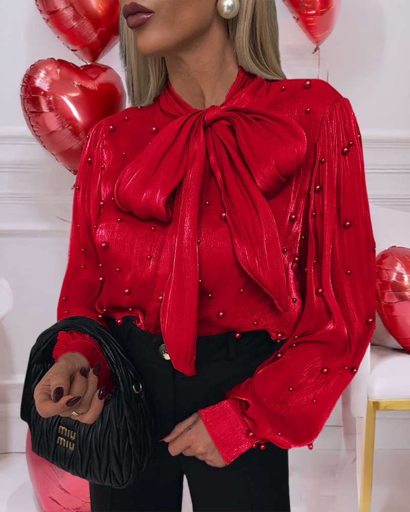 Tie Neck Long Sleeve Ruched Beaded Blouse Casual Sheer Lurex Chiffon Top