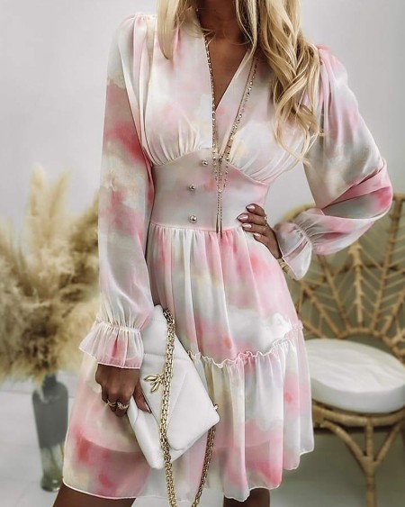 Tie Dye Frill Hem Shirred Back Dress