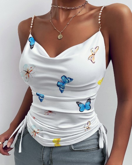 Cowl Neck Beaded Strap Butterfly Print Top