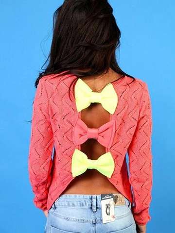 Women Sweater Spring Autumn Pullovers Sexy Back Hollow Out Fashion Knitted Sweaters With Bow