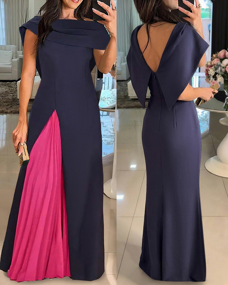 Colorblock Off the Shoulder Maxi Dress with Shawl Design Elegant Backless Detail Bodycon Pleated Party Dress