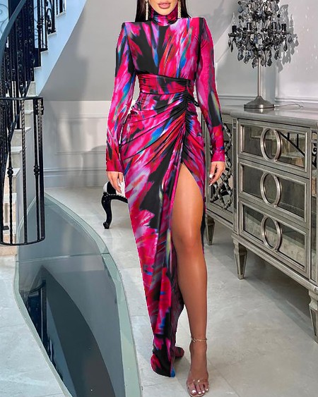 Tie Dye Print Padded Shoulder High Slit Ruched Party Dress